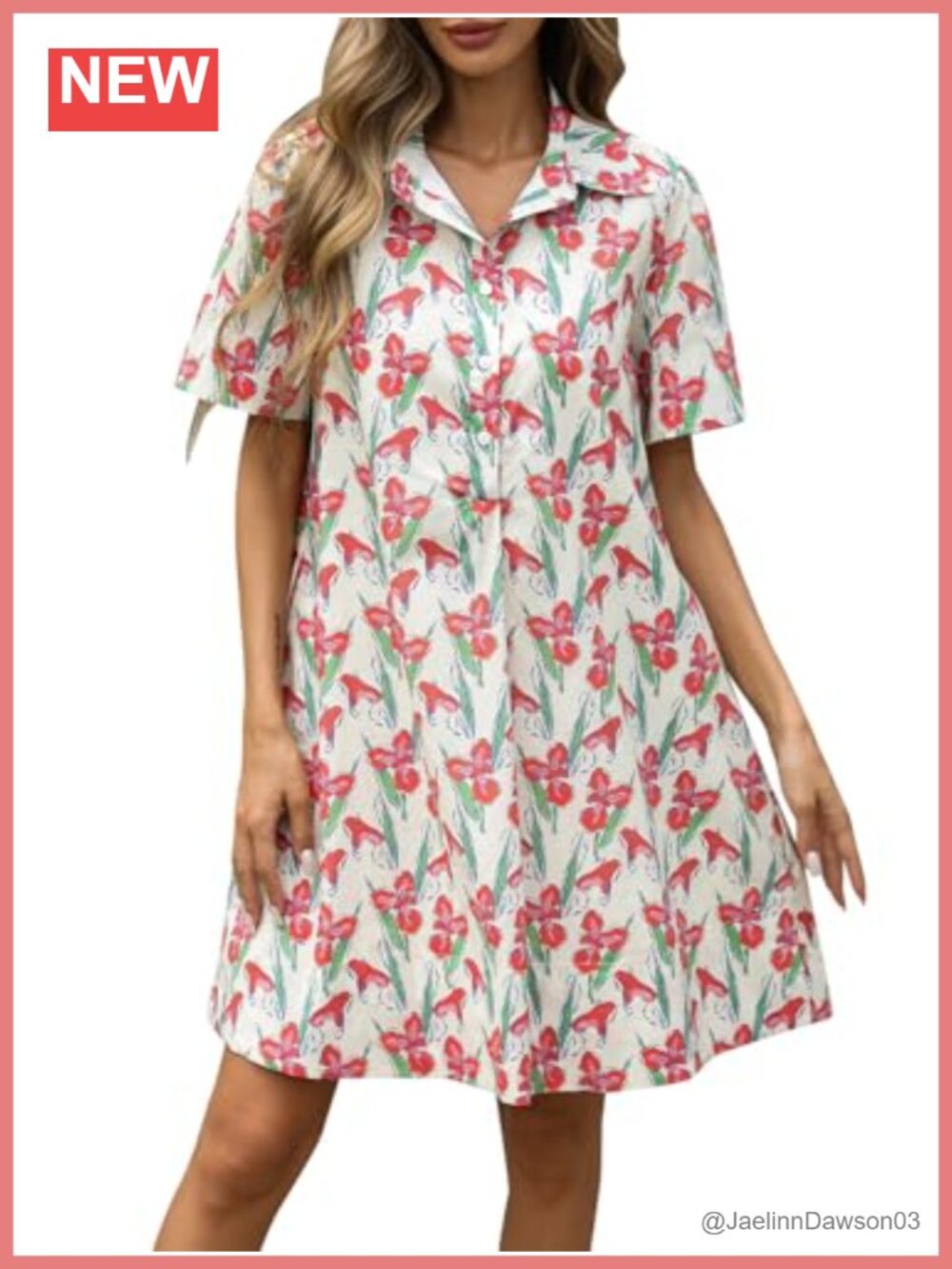 Floral Sundress Loose Fit Cotton Button Up Short Sleeve Mini Dress with Pockets